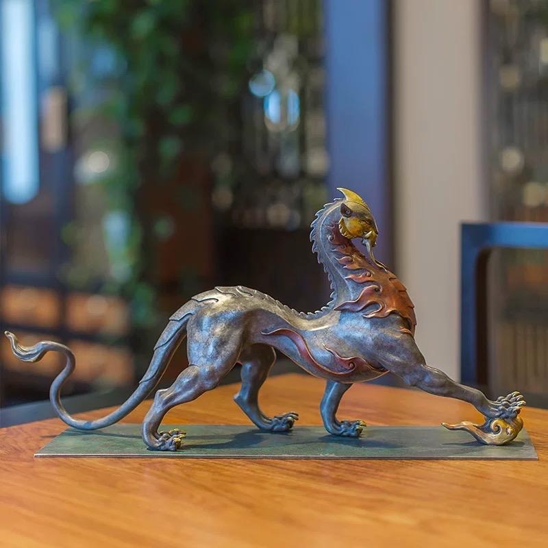 Mythical Beast Pi Xiu Statue, Chinese Guardian Lion Color Copper Art, Feng Shui Home Office Decor, Housewarming Gift, Good Luck Sculpture
