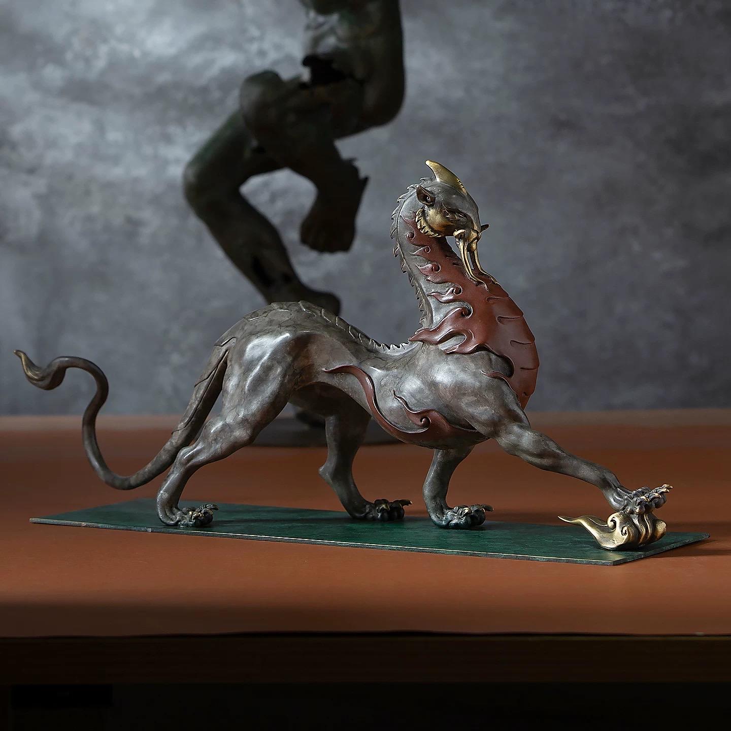 Mythical Beast Pi Xiu Statue, Chinese Guardian Lion Color Copper Art, Feng Shui Home Office Decor, Housewarming Gift, Good Luck Sculpture