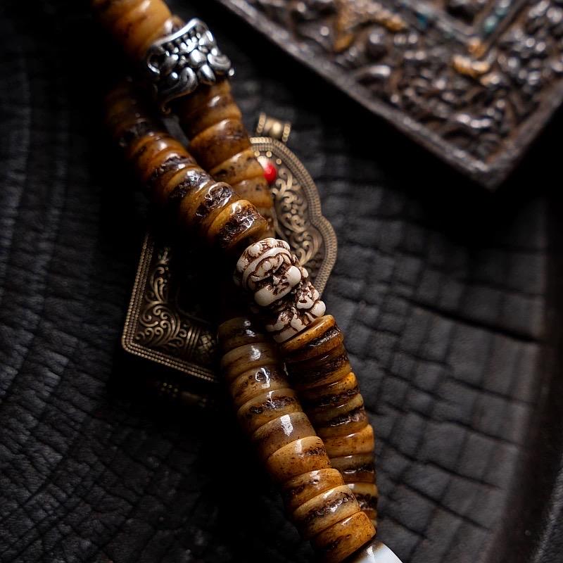 Antique Style Tibetan Yak Bone Mala Beads - 108 Prayer Beads Necklace - Hand-Carved Spirit Bone Rosary for Meditation-Zen Gift