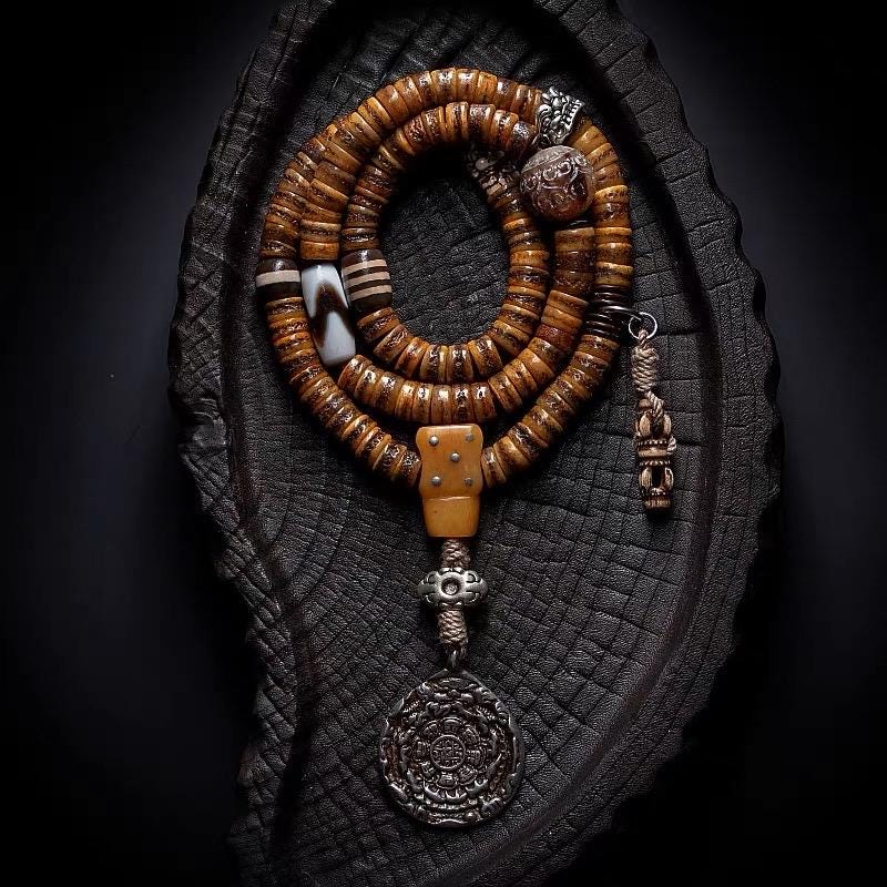 Antique Style Tibetan Yak Bone Mala Beads - 108 Prayer Beads Necklace - Hand-Carved Spirit Bone Rosary for Meditation-Zen Gift
