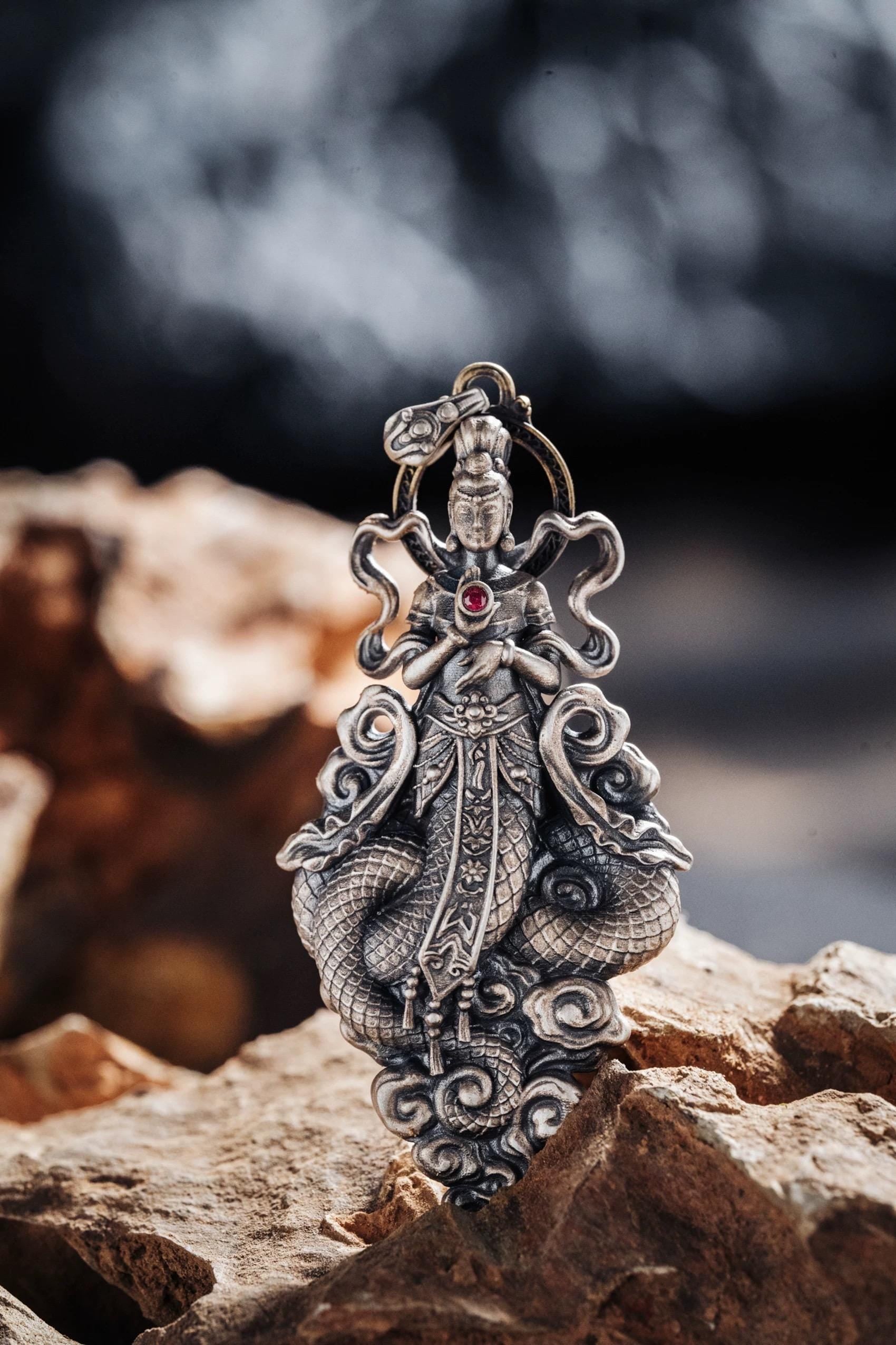 Original Nuwa Empress Pendant Necklace, S925 Sterling Silver Chinese Goddess Jewelry, Mythological Art Charm
