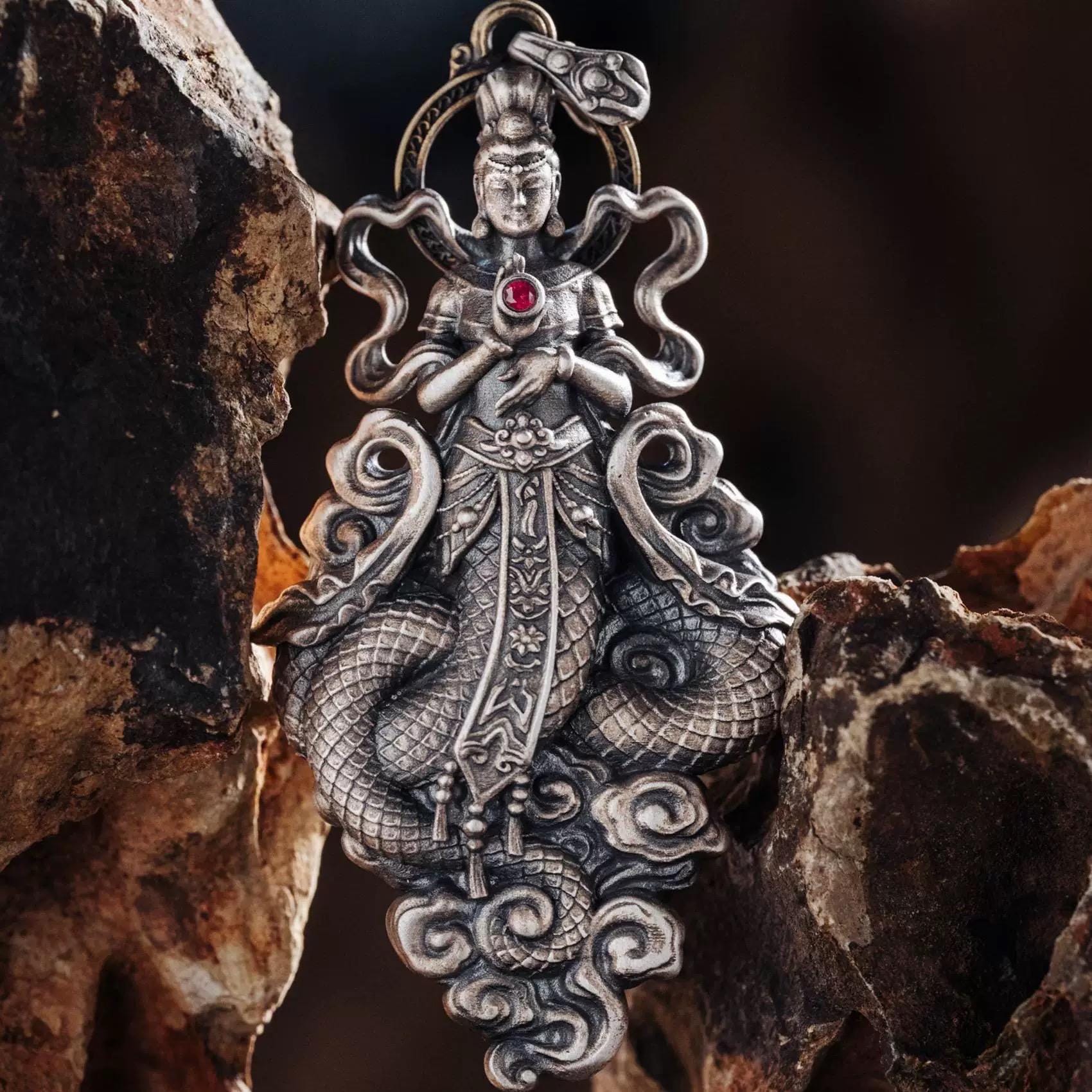 Original Nuwa Empress Pendant Necklace, S925 Sterling Silver Chinese Goddess Jewelry, Mythological Art Charm