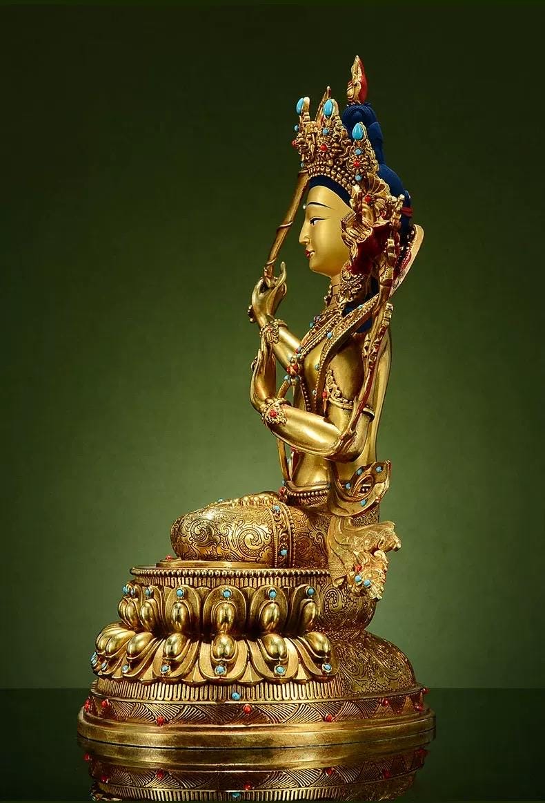 Manjushri Buddha Statue, Fully Gilded Gold Manjushri Copper Sculpture, Manjusri Bodhisattva Wisdom Buddha Home Decor, Sacred Buddhist Art