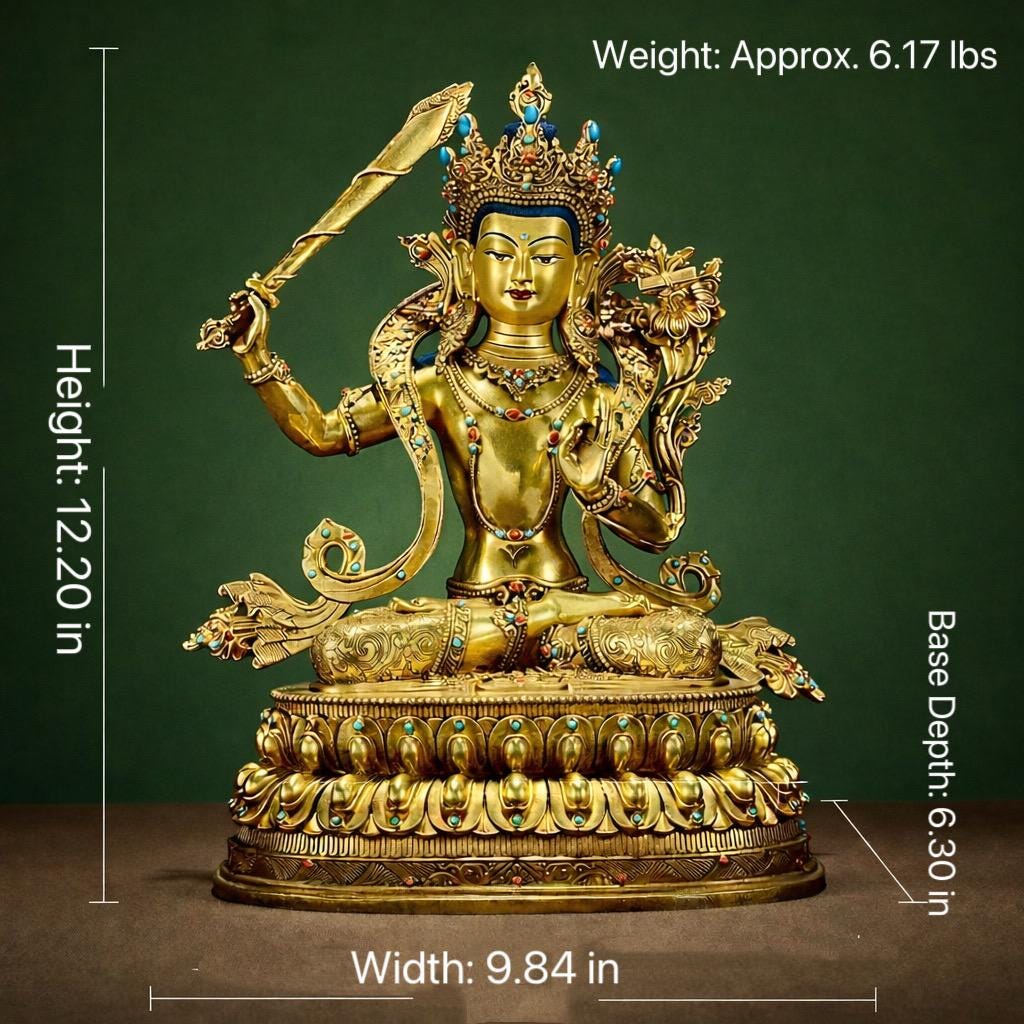 Manjushri Buddha Statue, Fully Gilded Gold Manjushri Copper Sculpture, Manjusri Bodhisattva Wisdom Buddha Home Decor, Sacred Buddhist Art