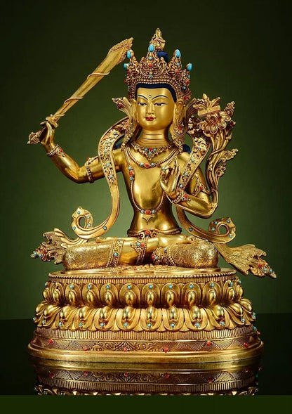 Manjushri Buddha Statue, Fully Gilded Gold Manjushri Copper Sculpture, Manjusri Bodhisattva Wisdom Buddha Home Decor, Sacred Buddhist Art