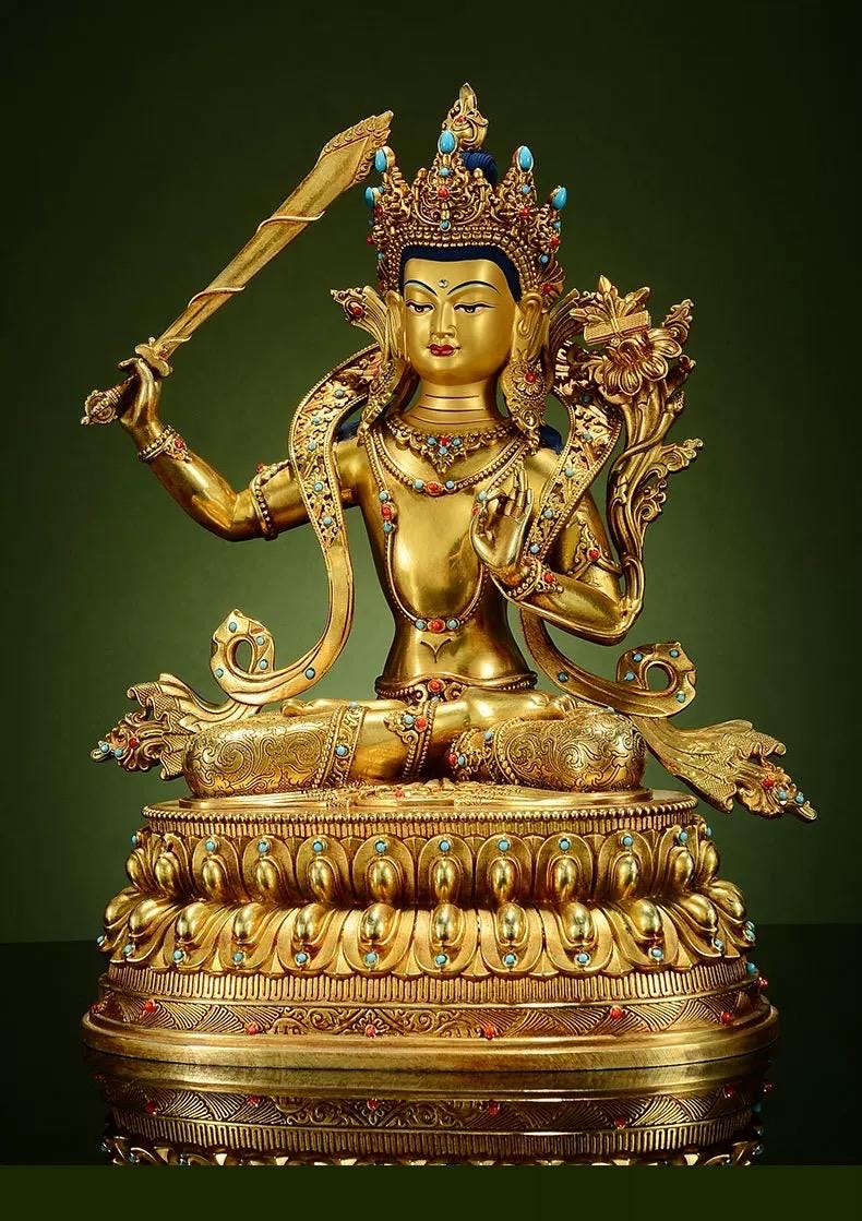Manjushri Buddha Statue, Fully Gilded Gold Manjushri Copper Sculpture, Manjusri Bodhisattva Wisdom Buddha Home Decor, Sacred Buddhist Art