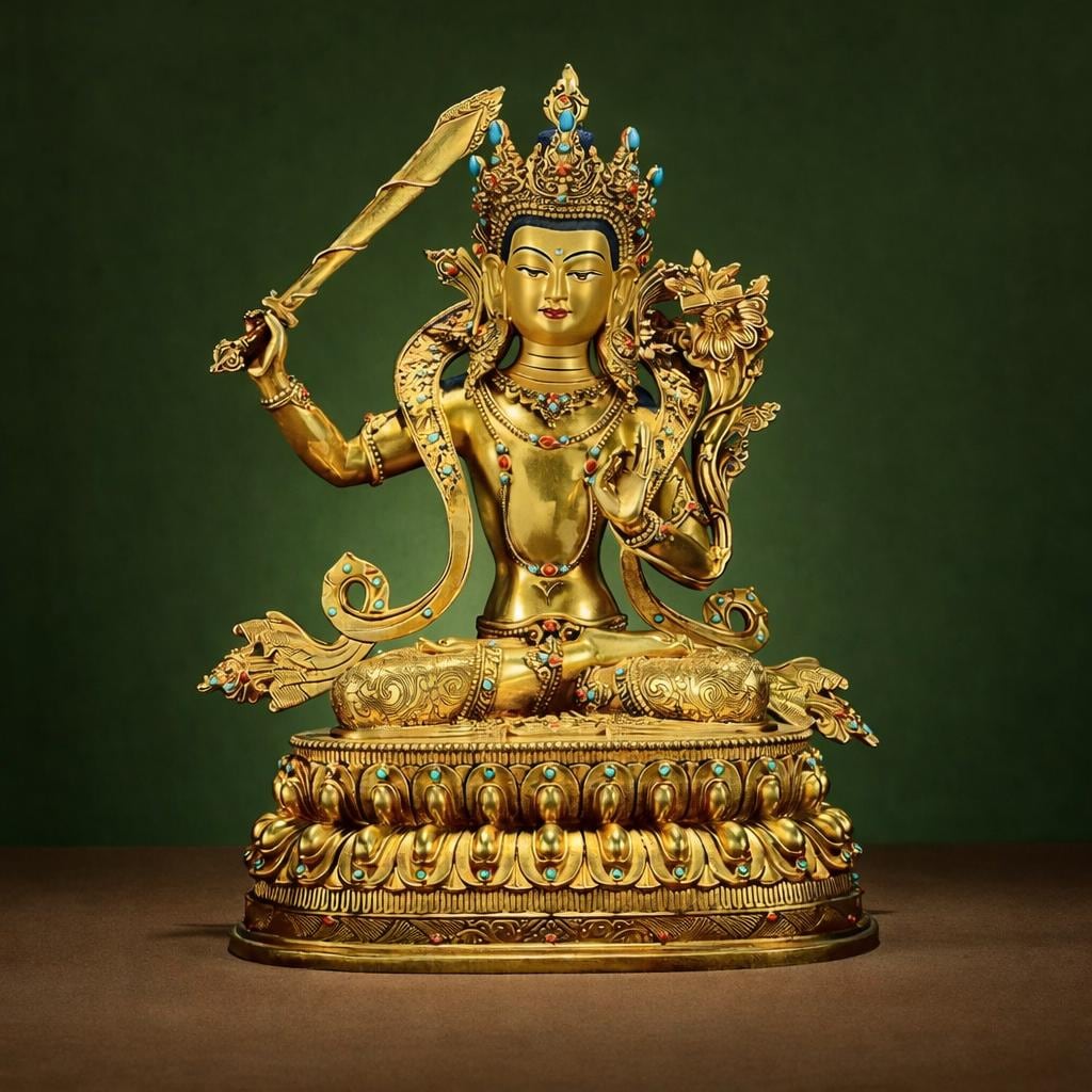Manjushri Buddha Statue, Fully Gilded Gold Manjushri Copper Sculpture, Manjusri Bodhisattva Wisdom Buddha Home Decor, Sacred Buddhist Art