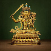 Manjushri Buddha Statue, Fully Gilded Gold Manjushri Copper Sculpture, Manjusri Bodhisattva Wisdom Buddha Home Decor, Sacred Buddhist Art