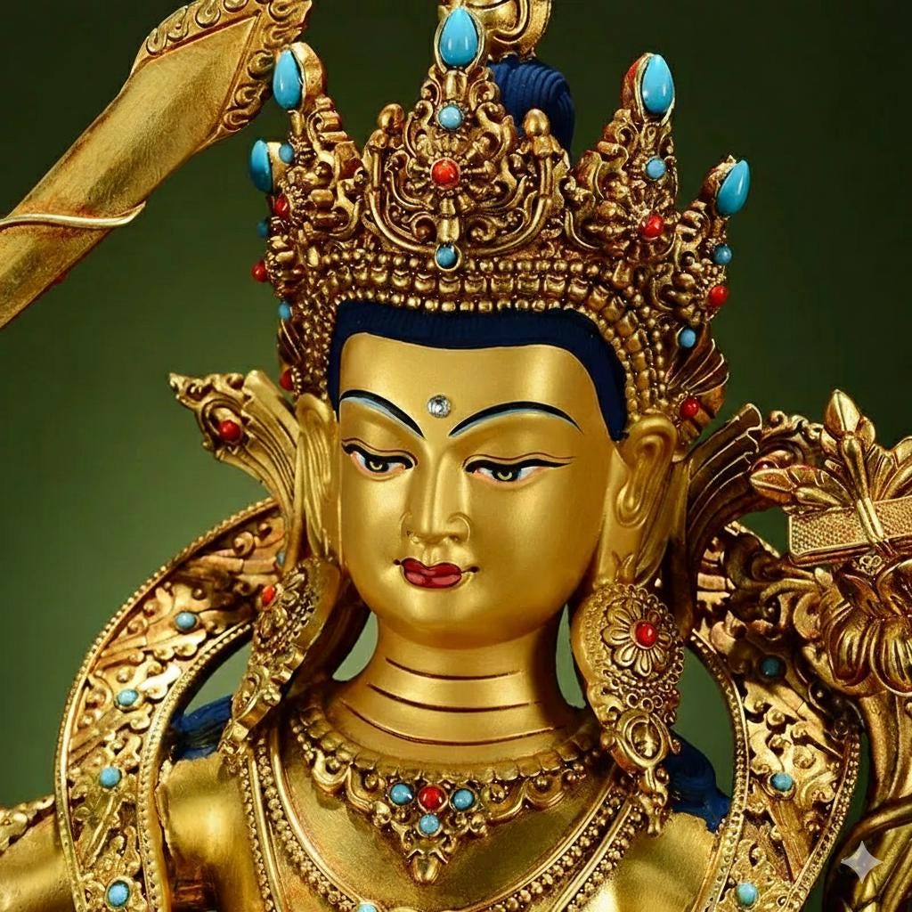 Manjushri Buddha Statue, Fully Gilded Gold Manjushri Copper Sculpture, Manjusri Bodhisattva Wisdom Buddha Home Decor, Sacred Buddhist Art