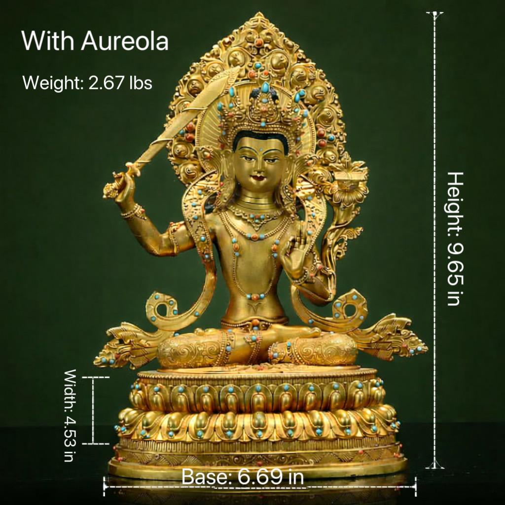 Manjushri Buddha Statue, Fully Gilded Gold Manjushri Copper Sculpture, Manjusri Bodhisattva Wisdom Buddha Home Decor, Sacred Buddhist Art