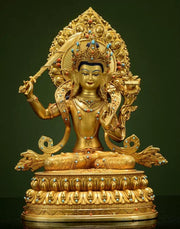 Manjushri Buddha Statue, Fully Gilded Gold Manjushri Copper Sculpture, Manjusri Bodhisattva Wisdom Buddha Home Decor, Sacred Buddhist Art