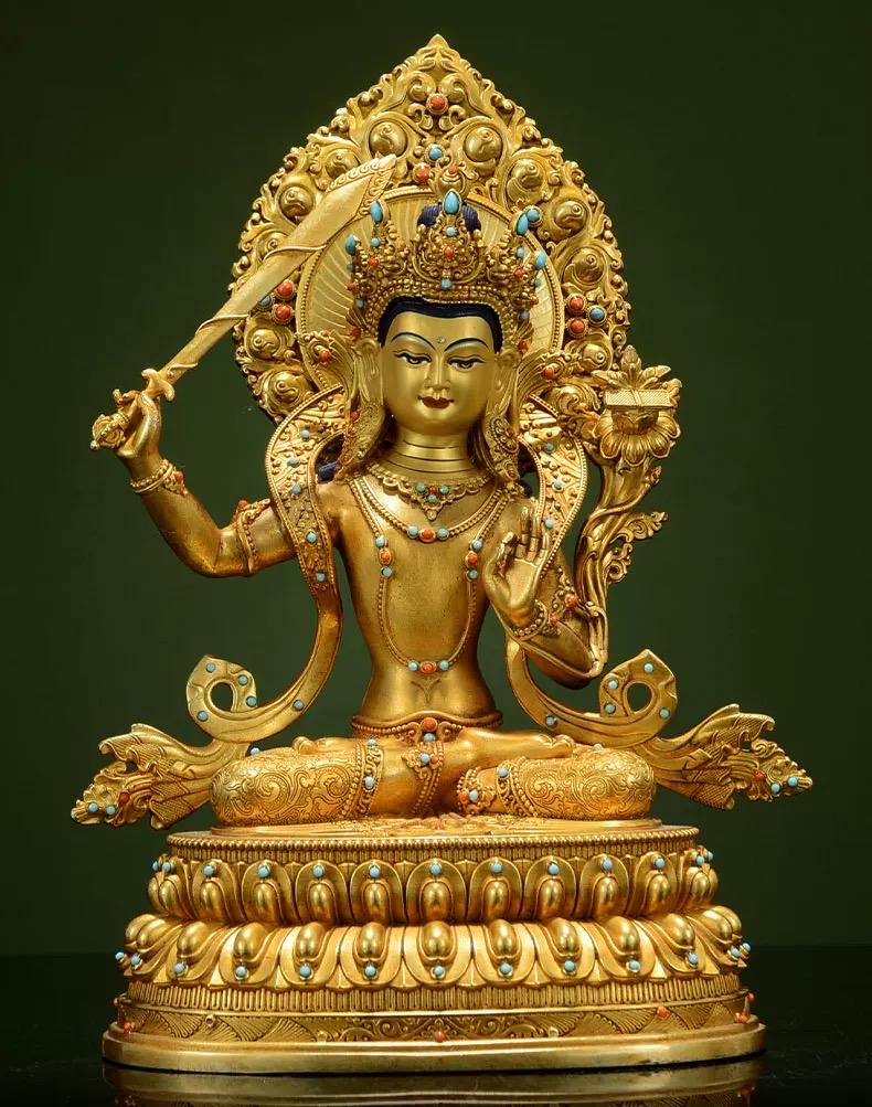 Manjushri Buddha Statue, Fully Gilded Gold Manjushri Copper Sculpture, Manjusri Bodhisattva Wisdom Buddha Home Decor, Sacred Buddhist Art