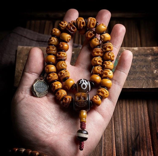 Handcrafted Yak Bone Skull Mala Bracelet: Tibetan Prayer Beads