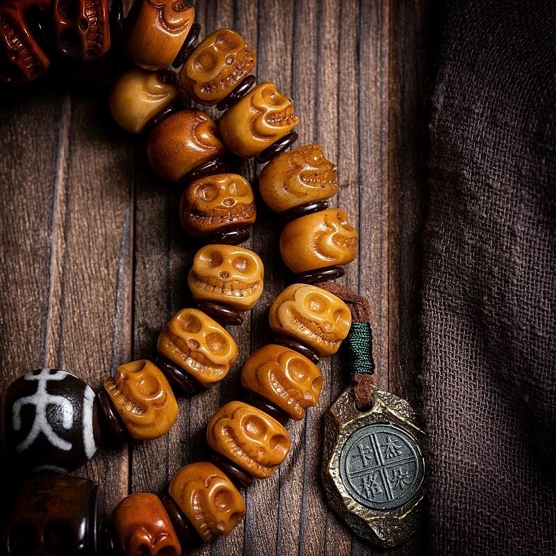 Handcrafted Yak Bone Skull Mala Bracelet: Tibetan Prayer Beads