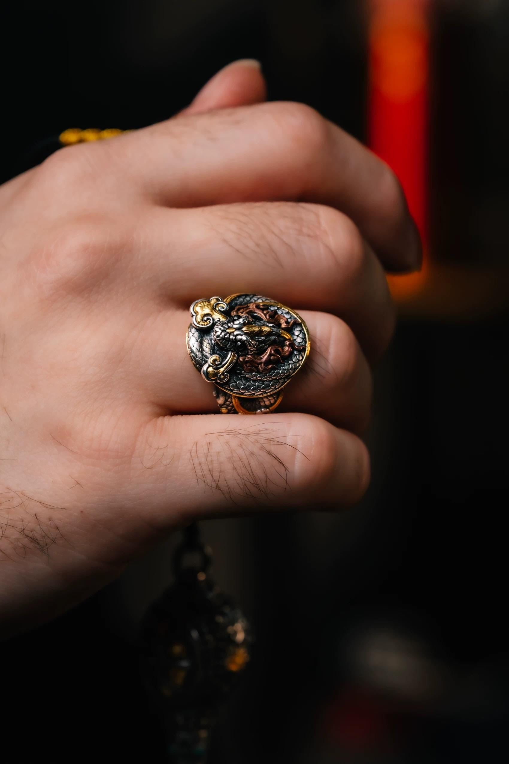 Original Green Snake Ring, Hand-Carved 925 Sterling Silver Gold Plated Men's Ring, Chinese Zodiac Year of the Snake Jewelry