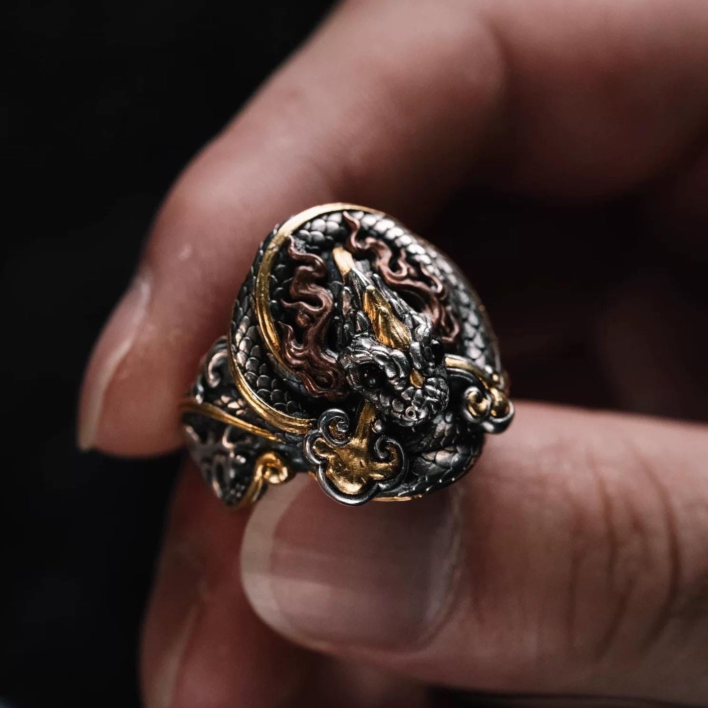 Original Green Snake Ring, Hand-Carved 925 Sterling Silver Gold Plated Men's Ring, Chinese Zodiac Year of the Snake Jewelry