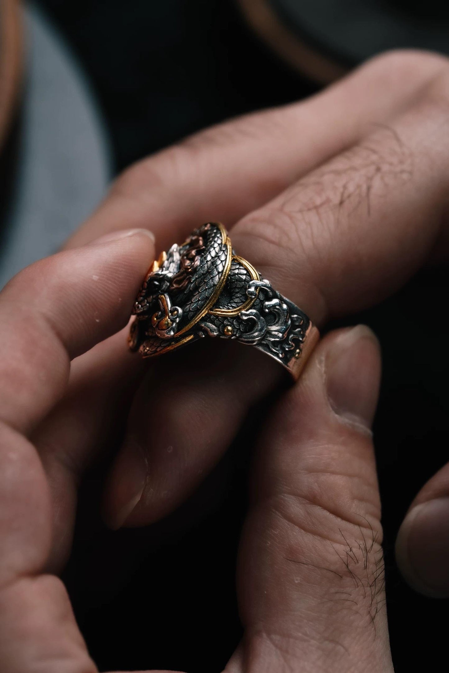 Original Green Snake Ring, Hand-Carved 925 Sterling Silver Gold Plated Men's Ring, Chinese Zodiac Year of the Snake Jewelry