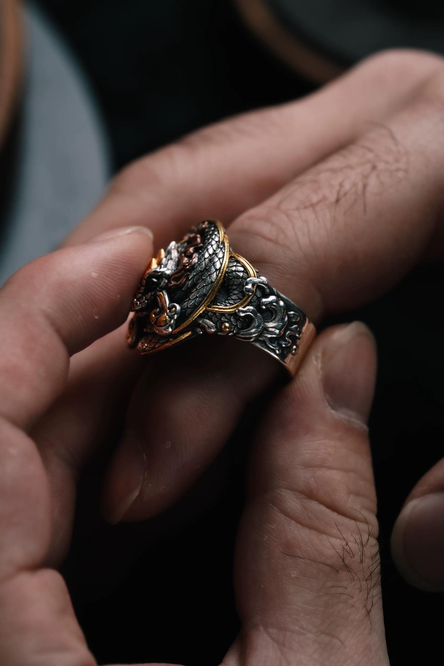 Original Green Snake Ring, Hand-Carved 925 Sterling Silver Gold Plated Men's Ring, Chinese Zodiac Year of the Snake Jewelry