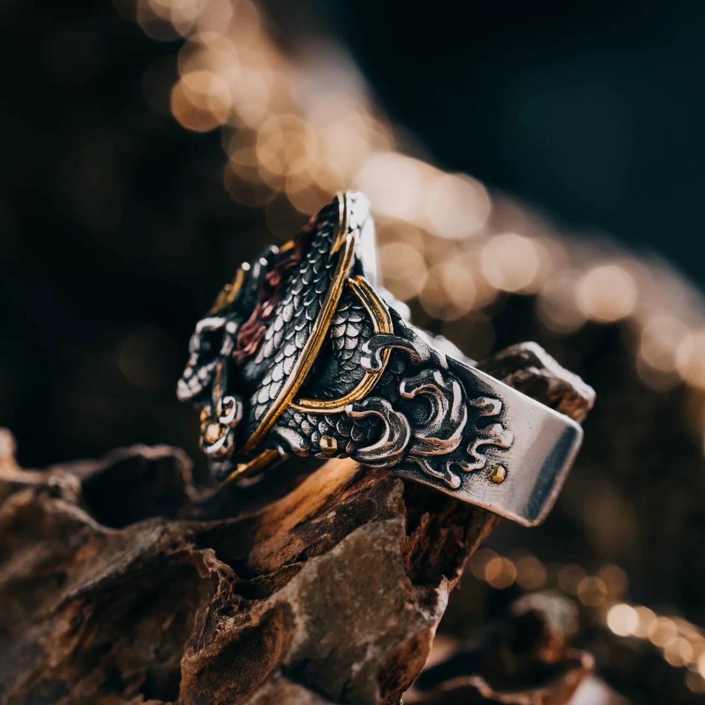 Original Green Snake Ring, Hand-Carved 925 Sterling Silver Gold Plated Men's Ring, Chinese Zodiac Year of the Snake Jewelry