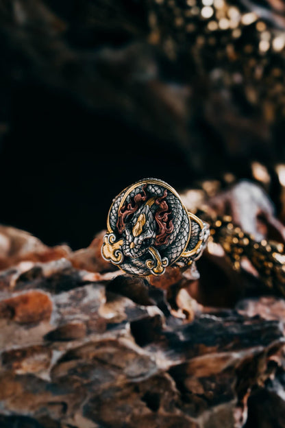 Original Green Snake Ring, Hand-Carved 925 Sterling Silver Gold Plated Men's Ring, Chinese Zodiac Year of the Snake Jewelry
