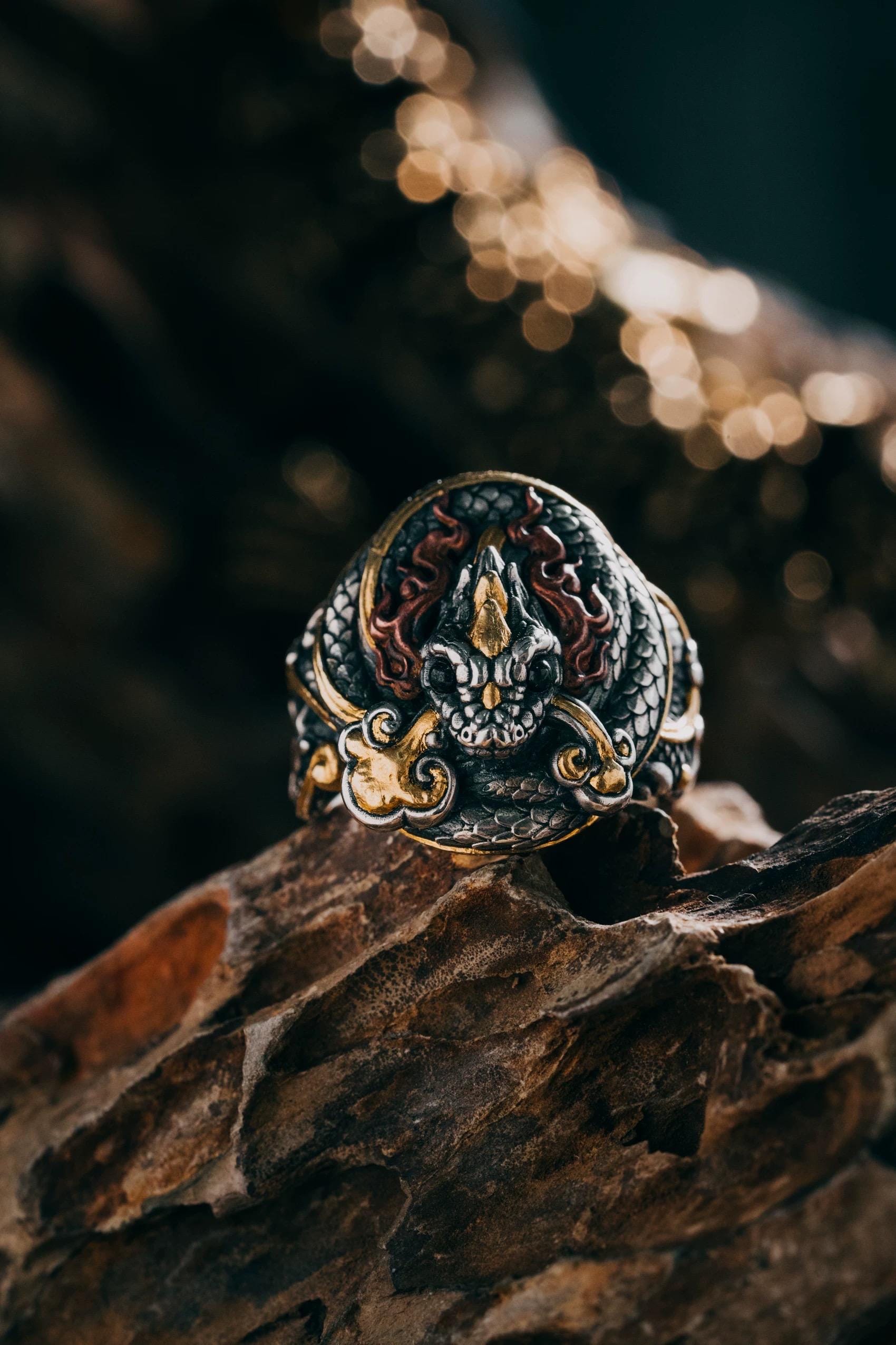 Original Green Snake Ring, Hand-Carved 925 Sterling Silver Gold Plated Men's Ring, Chinese Zodiac Year of the Snake Jewelry