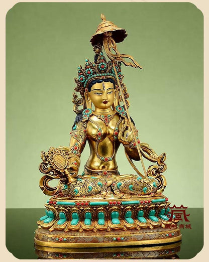 Gilded Copper Sitatapatra Statue, White Umbrella Goddess, Dukkar Buddha, Inlaid Colorful Beads, Tibetan Buddhist Art for Home Decor Altar