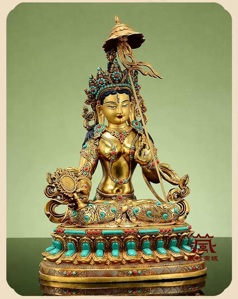 Gilded Copper Sitatapatra Statue, White Umbrella Goddess, Dukkar Buddha, Inlaid Colorful Beads, Tibetan Buddhist Art for Home Decor Altar