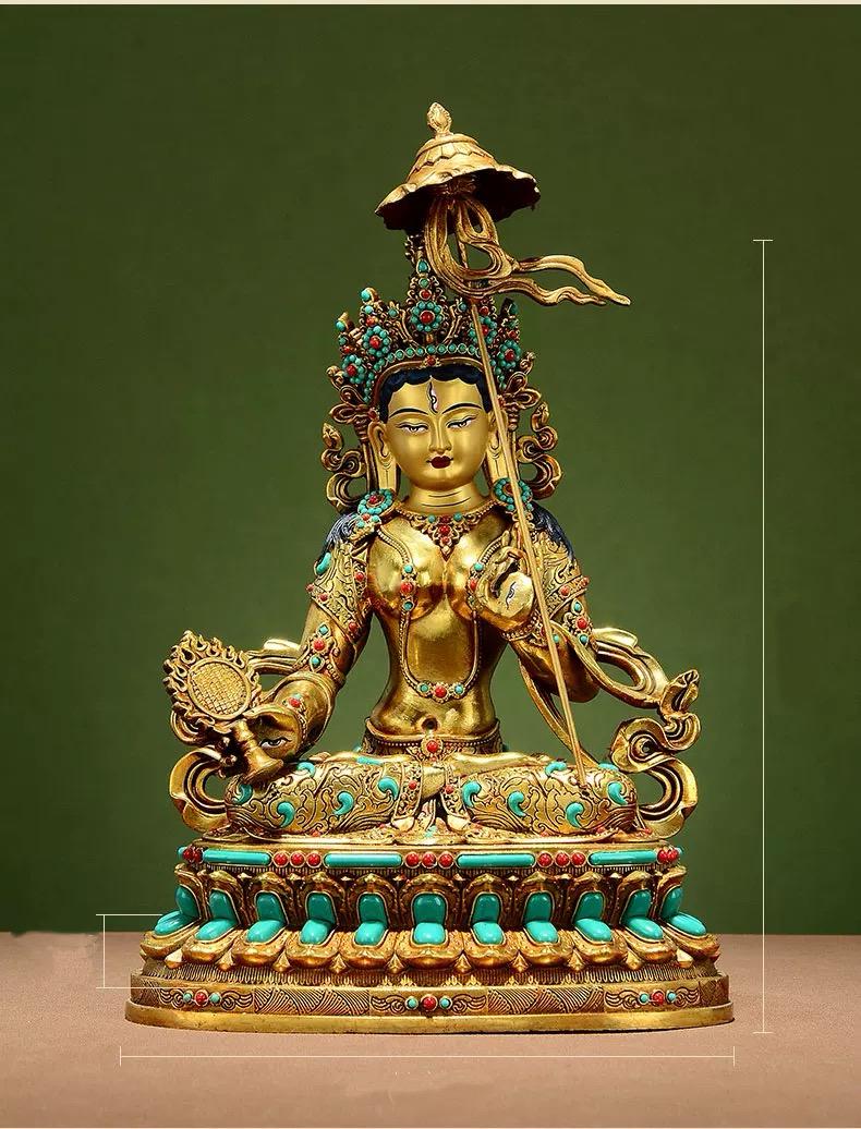 Gilded Copper Sitatapatra Statue, White Umbrella Goddess, Dukkar Buddha, Inlaid Colorful Beads, Tibetan Buddhist Art for Home Decor Altar