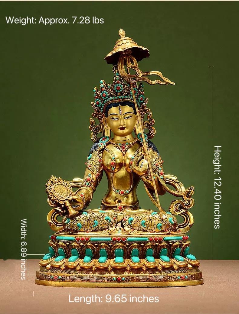 Gilded Copper Sitatapatra Statue, White Umbrella Goddess, Dukkar Buddha, Inlaid Colorful Beads, Tibetan Buddhist Art for Home Decor Altar