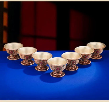 Handmade Silver Plated Copper Water Offering Bowl, 8cm Filigree Cup Inlaid with Gemstones, Tibetan Ritual Altar Supplies, Spiritual Gift