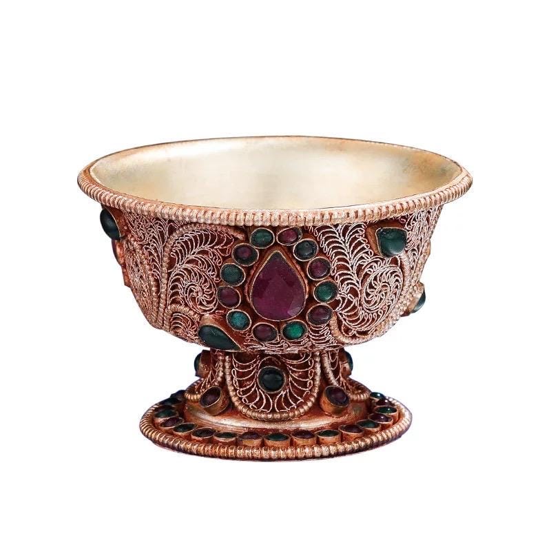 Handmade Silver Plated Copper Water Offering Bowl, 8cm Filigree Cup Inlaid with Gemstones, Tibetan Ritual Altar Supplies, Spiritual Gift