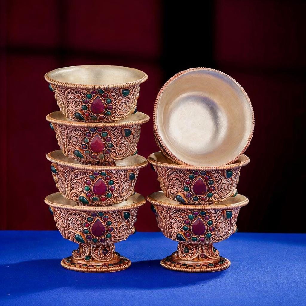 Handmade Silver Plated Copper Water Offering Bowl, 8cm Filigree Cup Inlaid with Gemstones, Tibetan Ritual Altar Supplies, Spiritual Gift