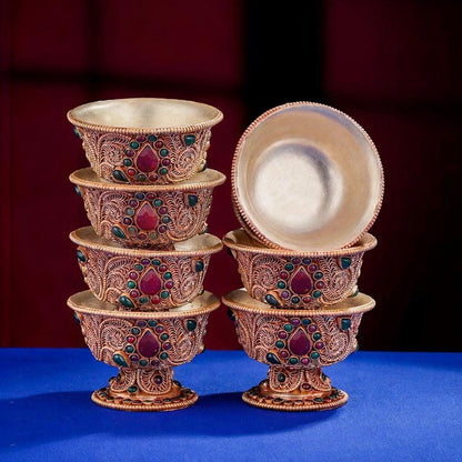 Handmade Silver Plated Copper Water Offering Bowl, 8cm Filigree Cup Inlaid with Gemstones, Tibetan Ritual Altar Supplies, Spiritual Gift
