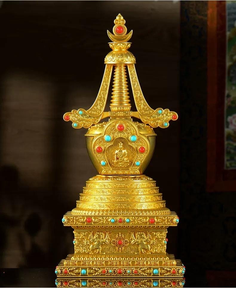 Gold Gilt Brass Buddhist Stupa Pagoda | Tibetan Relic Tower | Sacred Altar & Meditation Home Decor