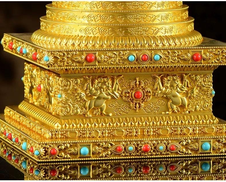 Gold Gilt Brass Buddhist Stupa Pagoda | Tibetan Relic Tower | Sacred Altar & Meditation Home Decor