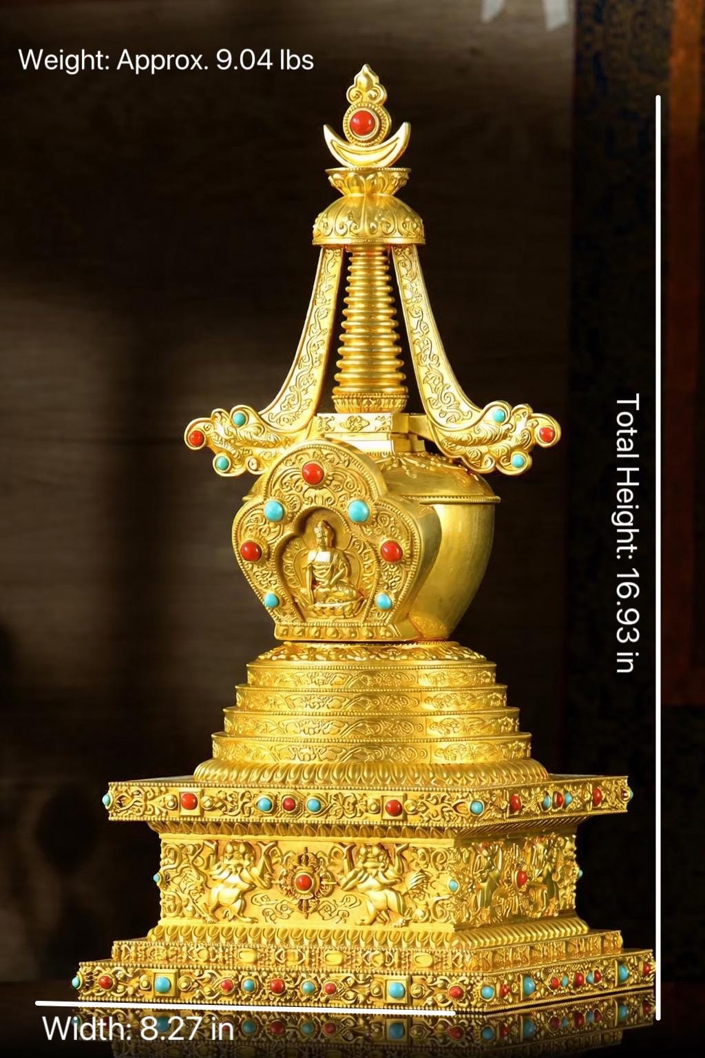 Gold Gilt Brass Buddhist Stupa Pagoda | Tibetan Relic Tower | Sacred Altar & Meditation Home Decor
