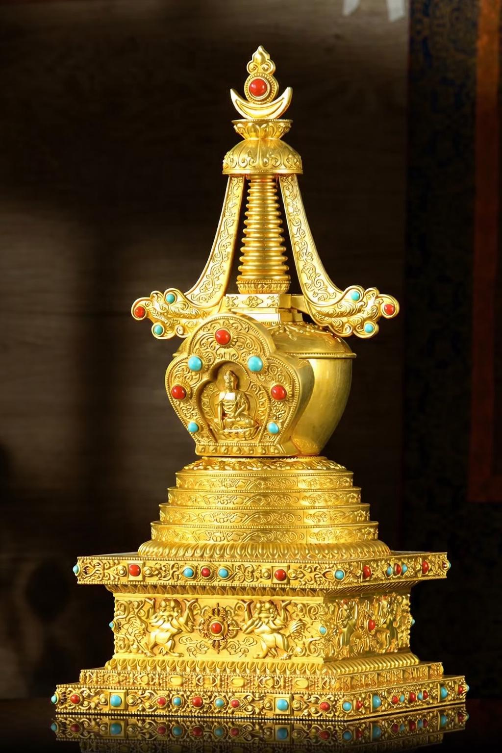 Gold Gilt Brass Buddhist Stupa Pagoda | Tibetan Relic Tower | Sacred Altar & Meditation Home Decor