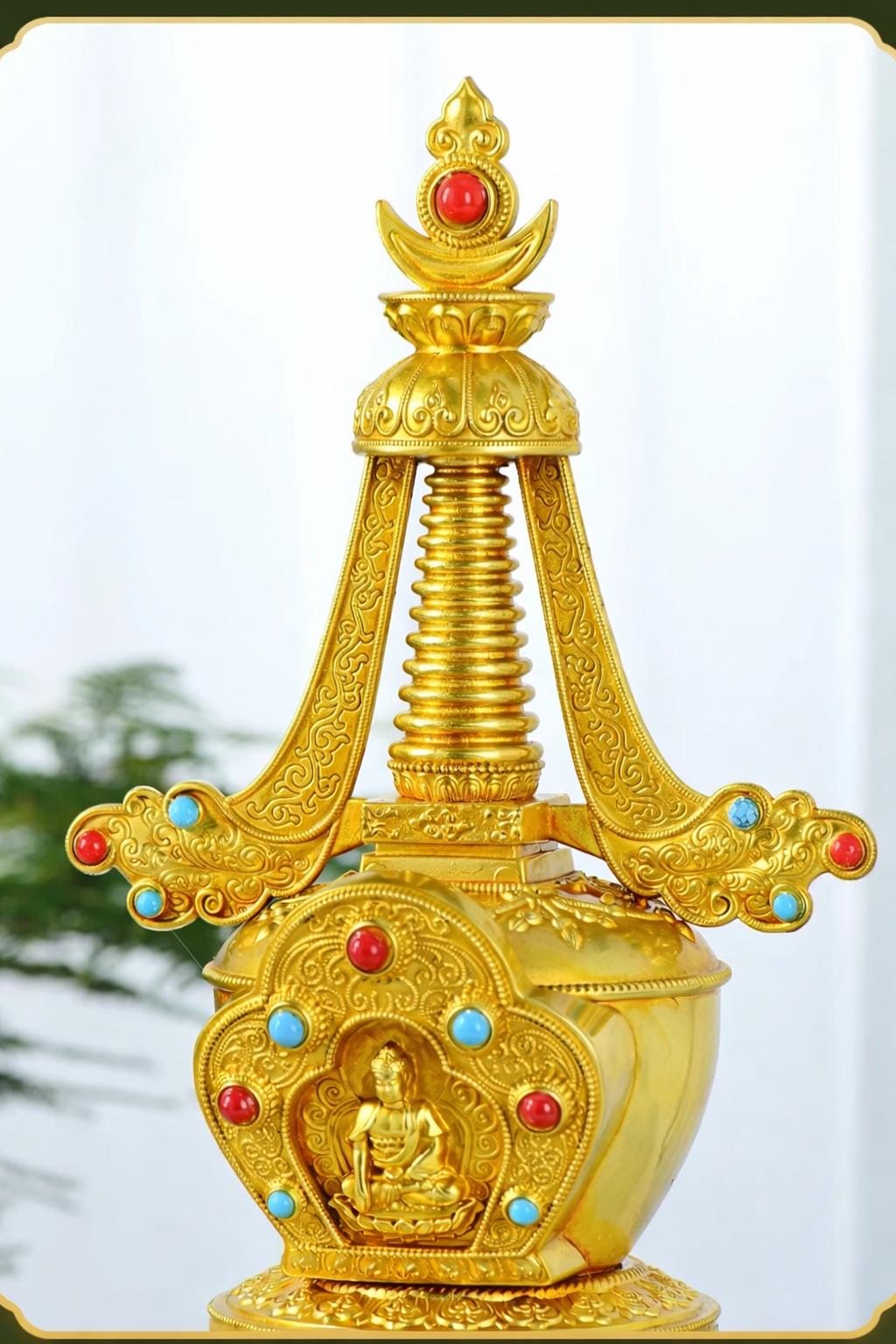 Gold Gilt Brass Buddhist Stupa Pagoda | Tibetan Relic Tower | Sacred Altar & Meditation Home Decor