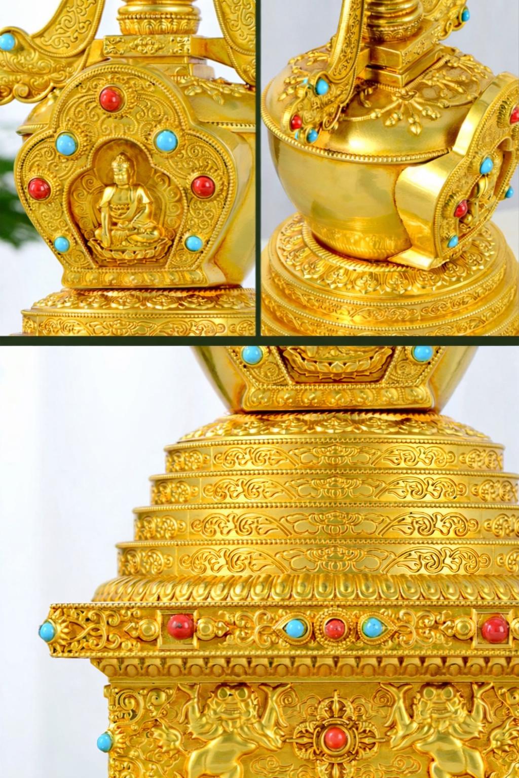 Gold Gilt Brass Buddhist Stupa Pagoda | Tibetan Relic Tower | Sacred Altar & Meditation Home Decor