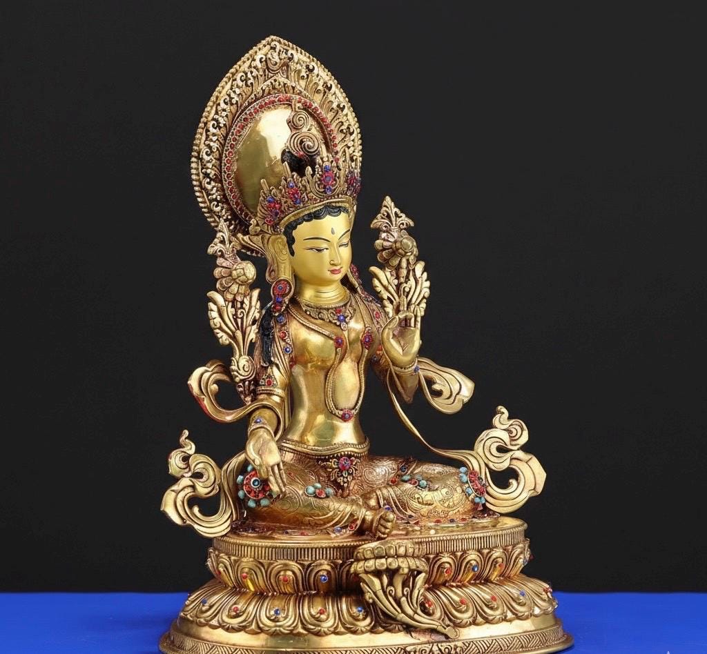 Green Tara Statue, Tibetan Buddhist Deity, 10/16/20 inch Copper Goddess of Compassion, Home Altar Decor, Spiritual Gift, Tibetan Artwork