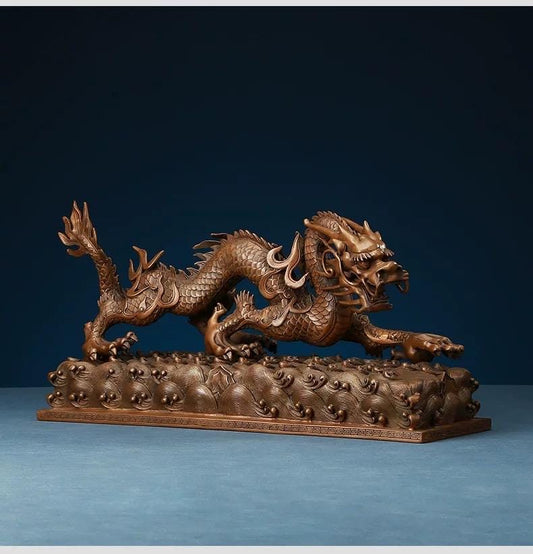 Handmade Pure Copper Dragon Statue - Chinese Bronze Jiao-Long Sculpture, Zen Home Office Decor, Feng Shui Figurine for Wealth & Protection