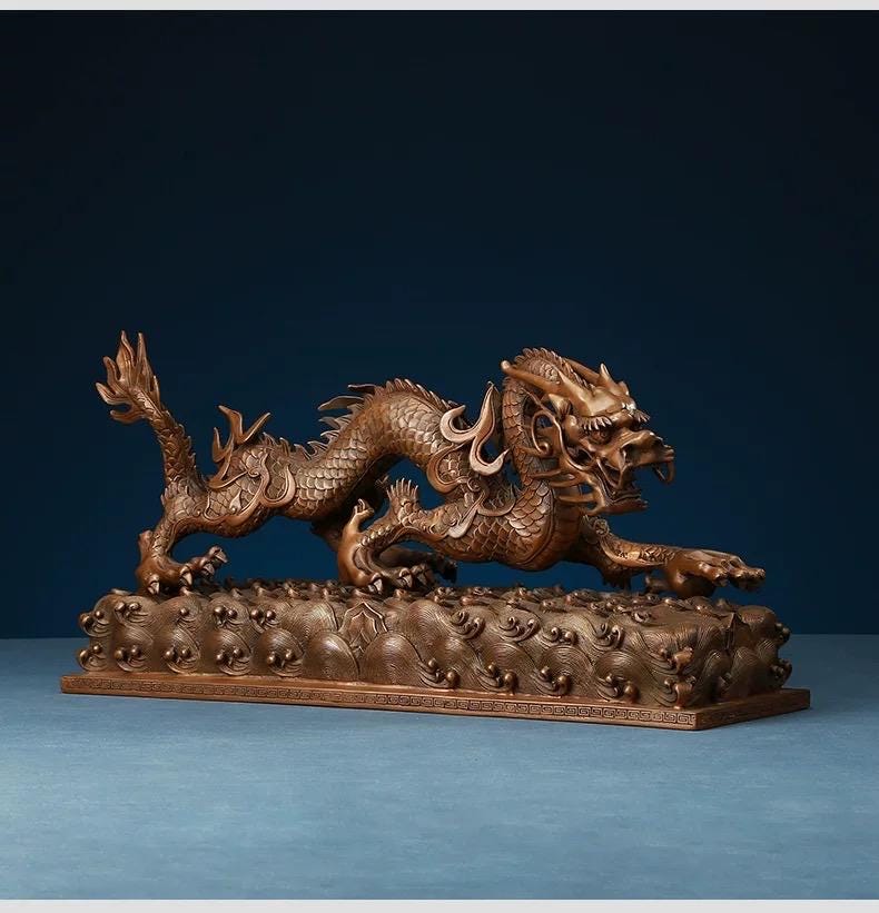 Handmade Pure Copper Dragon Statue - Chinese Bronze Jiao-Long Sculpture, Zen Home Office Decor, Feng Shui Figurine for Wealth & Protection