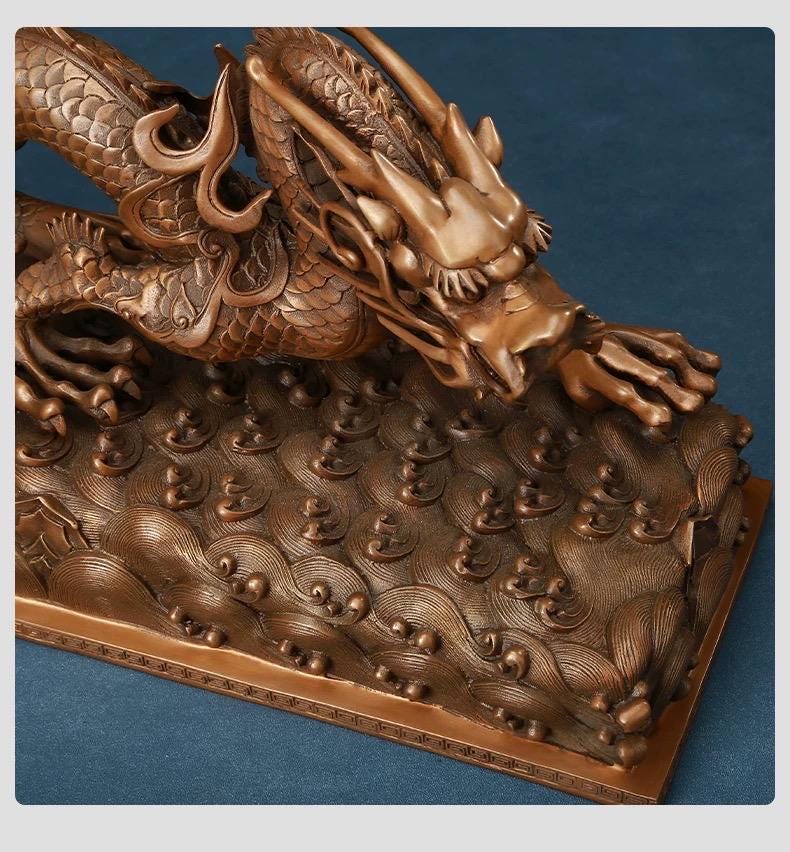 Handmade Pure Copper Dragon Statue - Chinese Bronze Jiao-Long Sculpture, Zen Home Office Decor, Feng Shui Figurine for Wealth & Protection