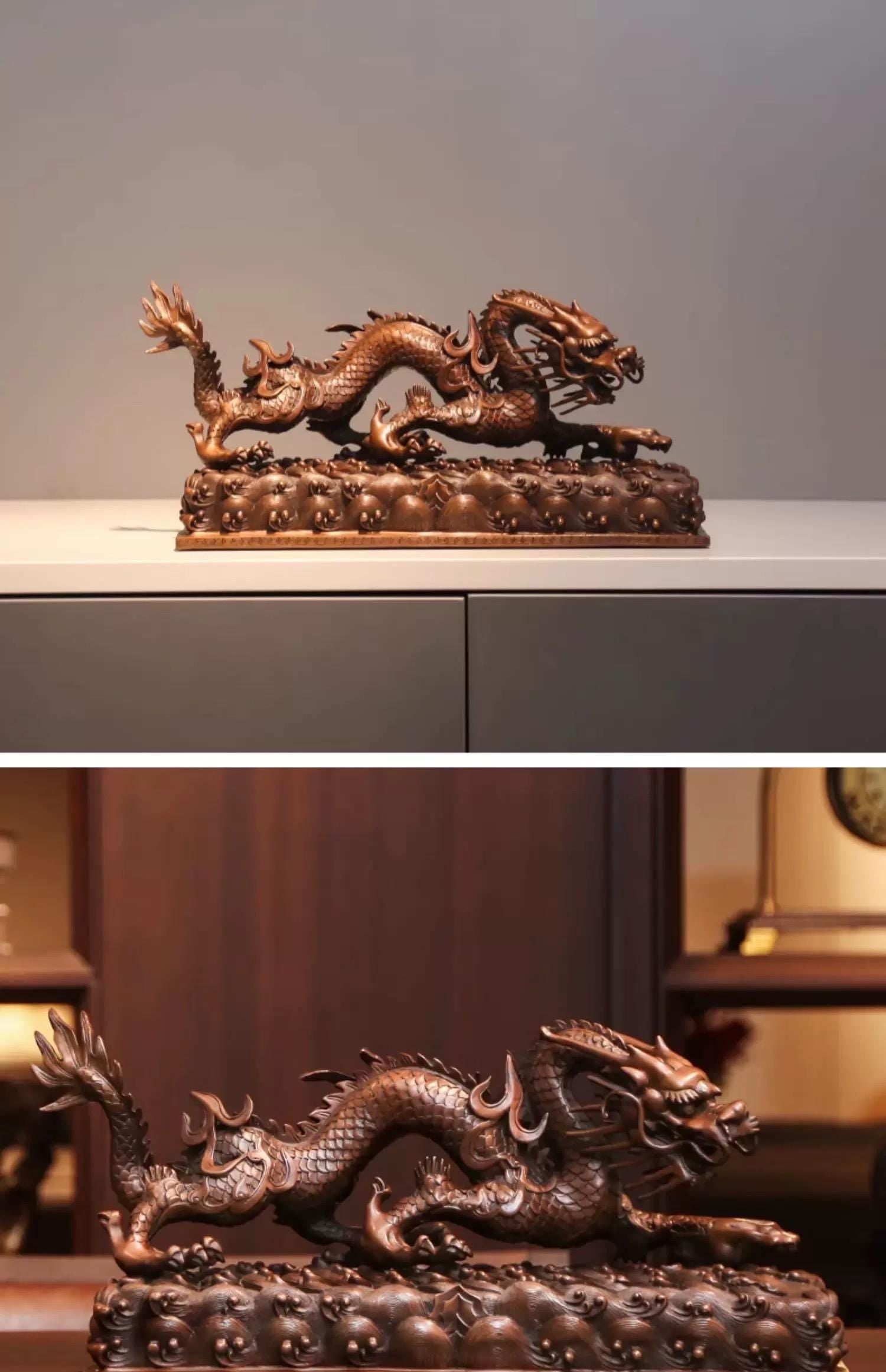 Handmade Pure Copper Dragon Statue - Chinese Bronze Jiao-Long Sculpture, Zen Home Office Decor, Feng Shui Figurine for Wealth & Protection