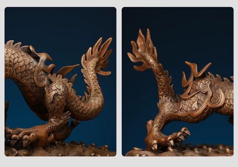 Handmade Pure Copper Dragon Statue - Chinese Bronze Jiao-Long Sculpture, Zen Home Office Decor, Feng Shui Figurine for Wealth & Protection