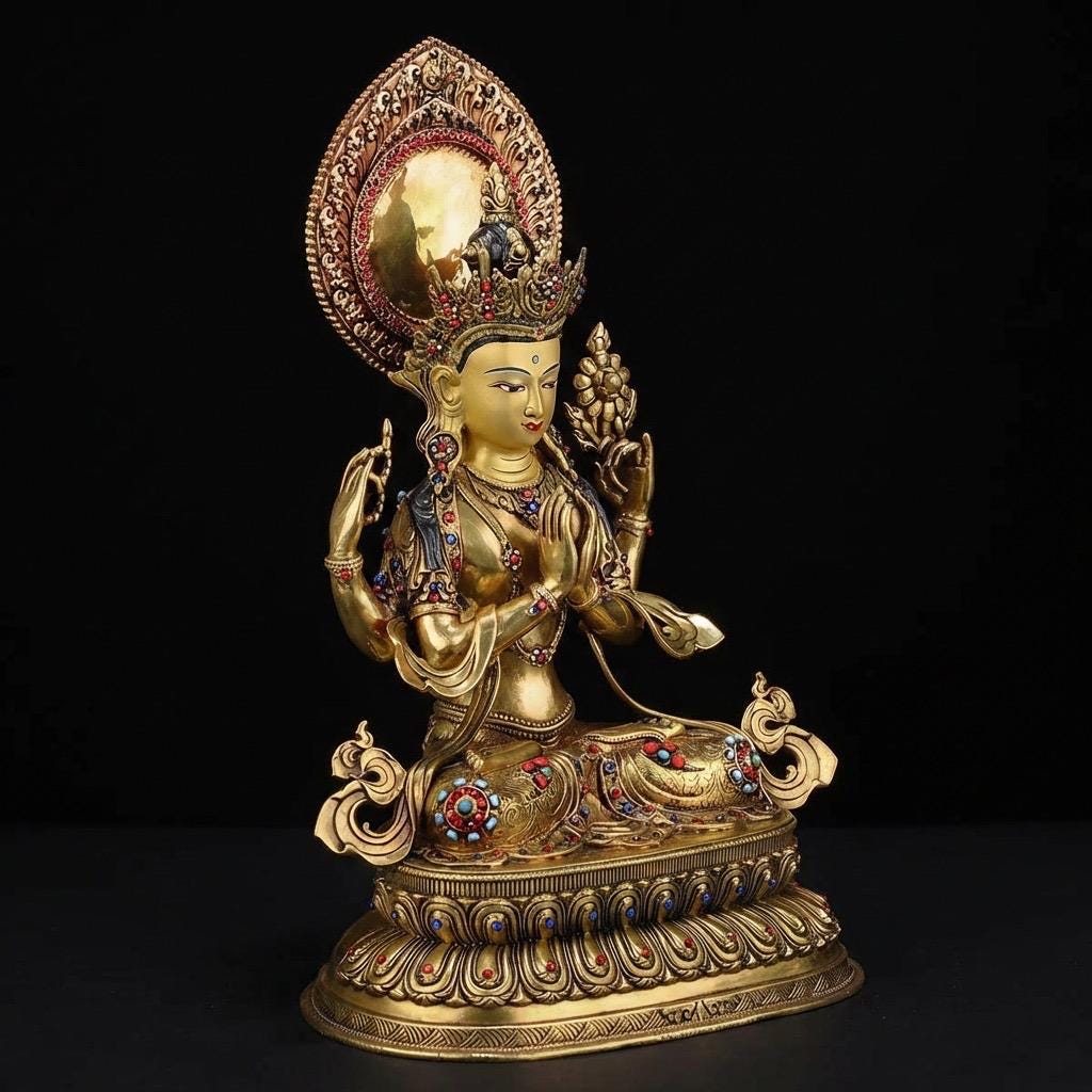 Tibetan Four-Armed Chenrezig Statue - 10" Bronze Avalokiteshvara Buddha Figurine for Home Altar Sacred Buddhist Decor