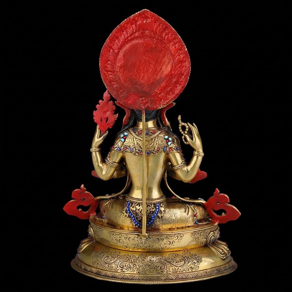 Tibetan Four-Armed Chenrezig Statue - 10" Bronze Avalokiteshvara Buddha Figurine for Home Altar Sacred Buddhist Decor