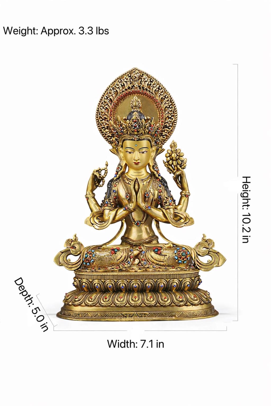 Tibetan Four-Armed Chenrezig Statue - 10" Bronze Avalokiteshvara Buddha Figurine for Home Altar Sacred Buddhist Decor