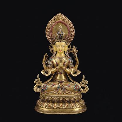 Tibetan Four-Armed Chenrezig Statue - 10" Bronze Avalokiteshvara Buddha Figurine for Home Altar Sacred Buddhist Decor