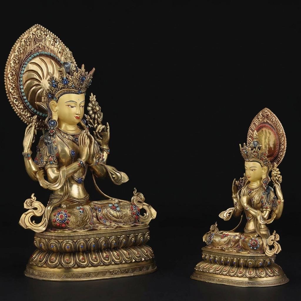 Tibetan Four-Armed Chenrezig Statue - 10" Bronze Avalokiteshvara Buddha Figurine for Home Altar Sacred Buddhist Decor